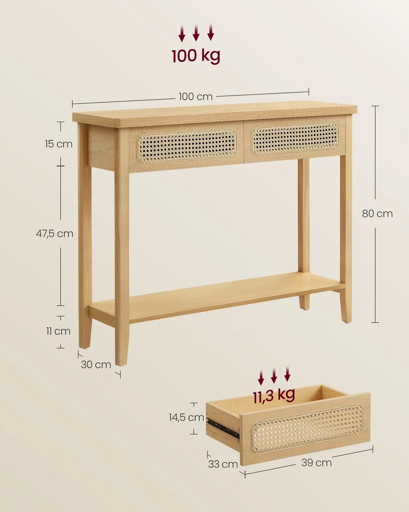 Mesa consola com 2 gavetas estilo Boho 30 x 80 x 100 cm Carvalho bege