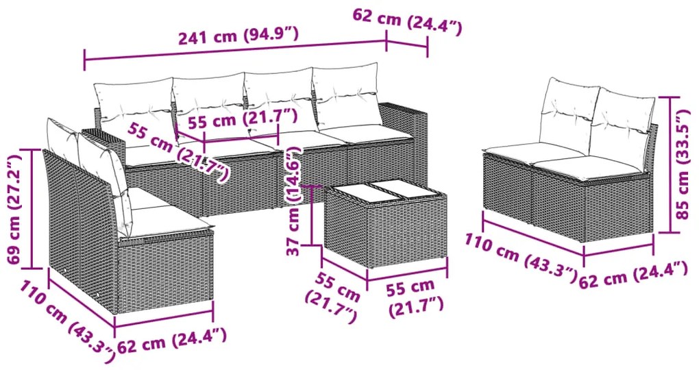 9 pcs conj. sofás jardim com almofadões vime PE cinzento-claro