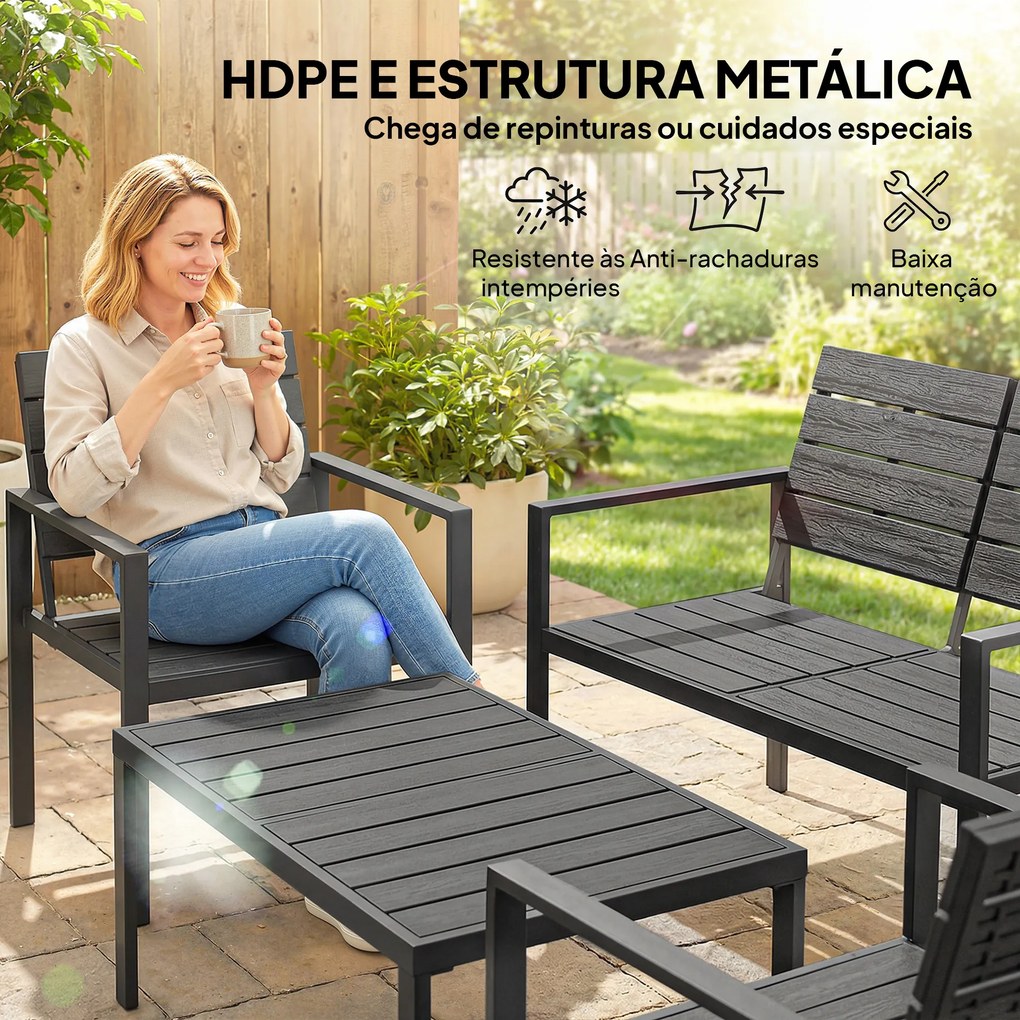 Conjunto de Móveis de Jardim para 4 Pessoas Sofá de 2 Lugares 2 Cadeiras e Mesa de Centro Preto