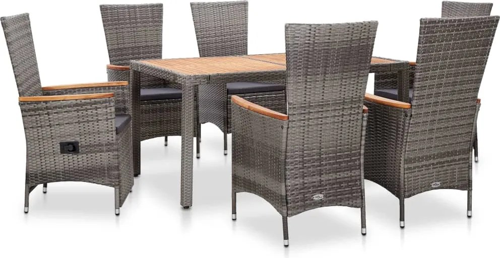 vidaXL 7 pcs conjunto jantar exterior com almofadões vime PE cinzento