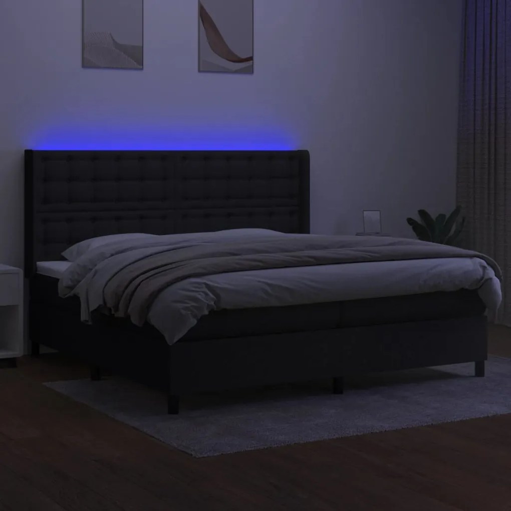 Cama box spring c/ colchão e LED 200x200 cm tecido preto