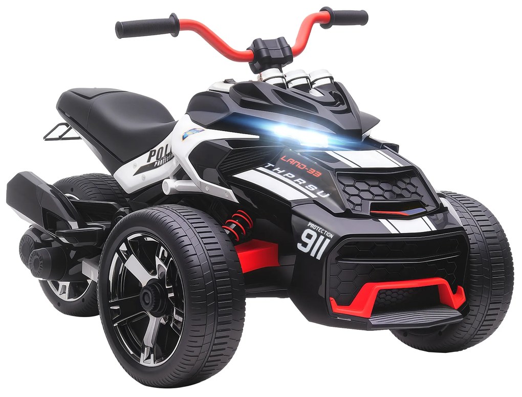 Mota elétrica para Crianças 12V com 2 Motores Velocidade até 5 km/h 3 Rodas Faróis Buzina Música 113x74x63 cm Preto e Branco