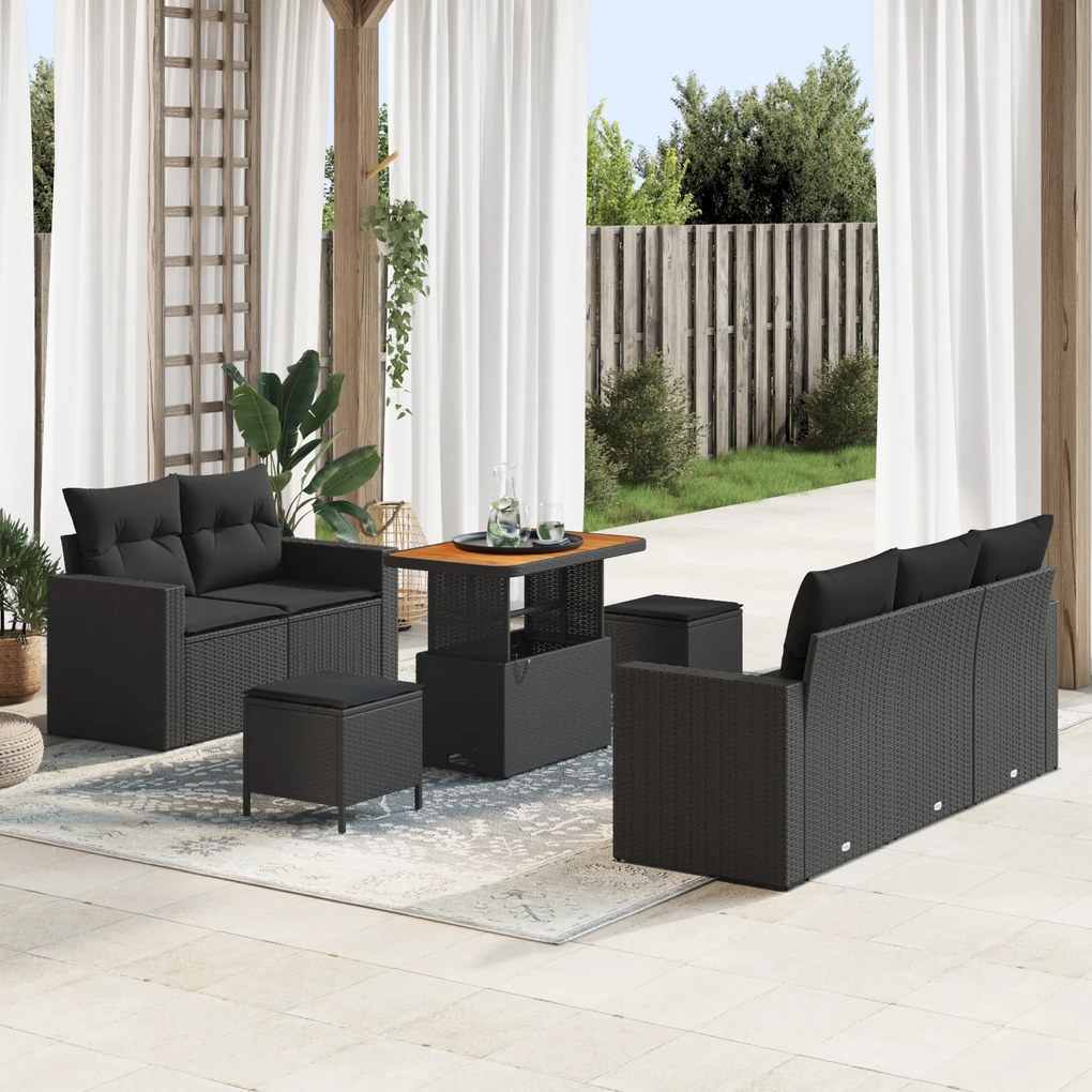 Conjunto de Sofá para Jardim vidaXL de 8 Peças com Almofadas Preto Rat