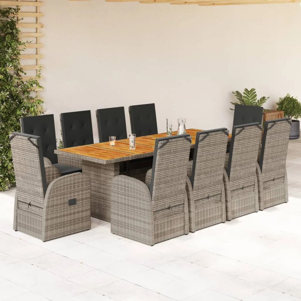 vidaXL 11 pcs conjunto jantar p/ jardim c/ almofadões vime PE cinzento