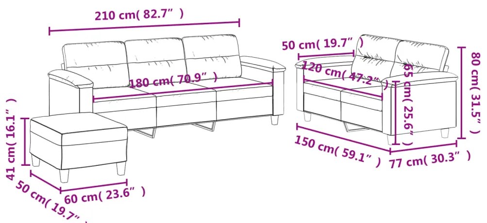 3 pcs conjunto sofás c/ almofadões microfibra cinza-acastanhado