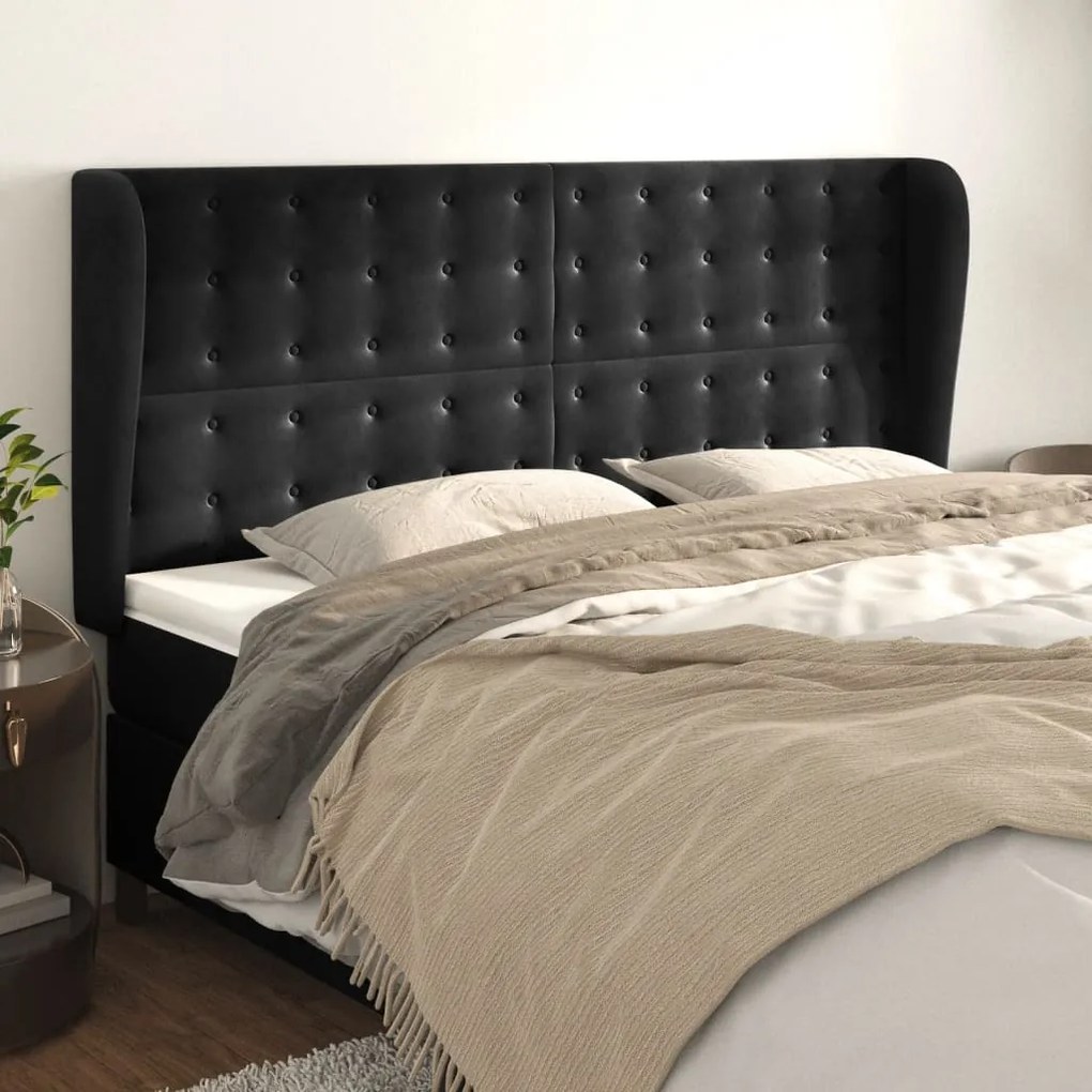 Cabeceira de cama c/ abas veludo 183x23x118/128 cm preto