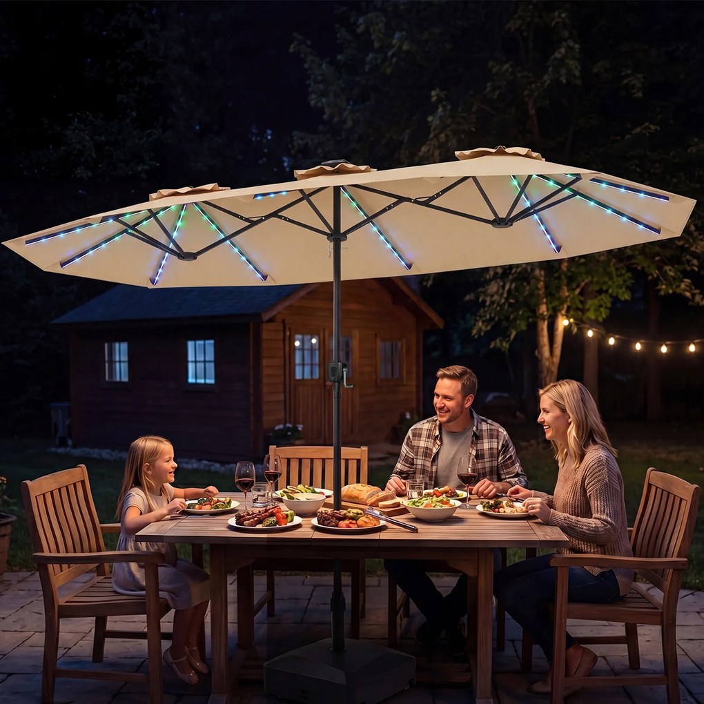 Guarda-sol duplo resistente, 400 x 210 cm (BASE NÃO INLCUIDA), com 108 luzes LED solares, manivela fácil de utilizar e 12 varas de metal, para jardim,