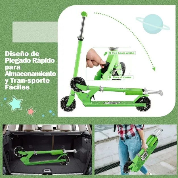 Trotinete dobrável para crianças com 2 rodas intermitentes, guiador ajustável e sistema de travagem traseiro Verde