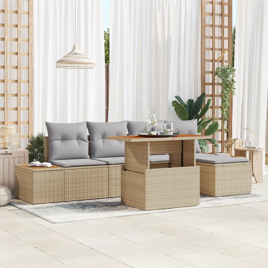 Conjunto de Sofá de Jardim vidaXL com Almofadas Bege Rattan Poliéster