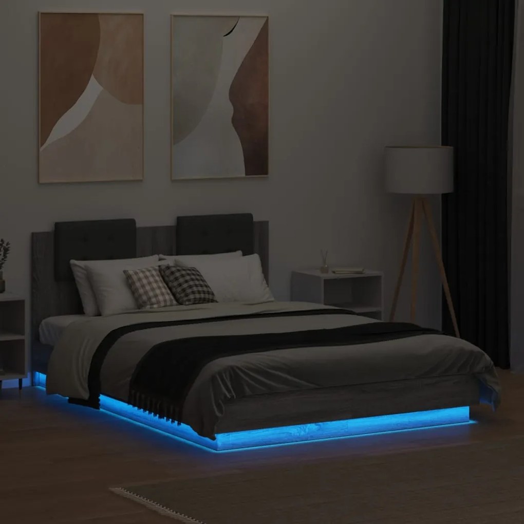 Estrutura de cama c/ cabeceira/luzes LED 120x190cm cinza sonoma