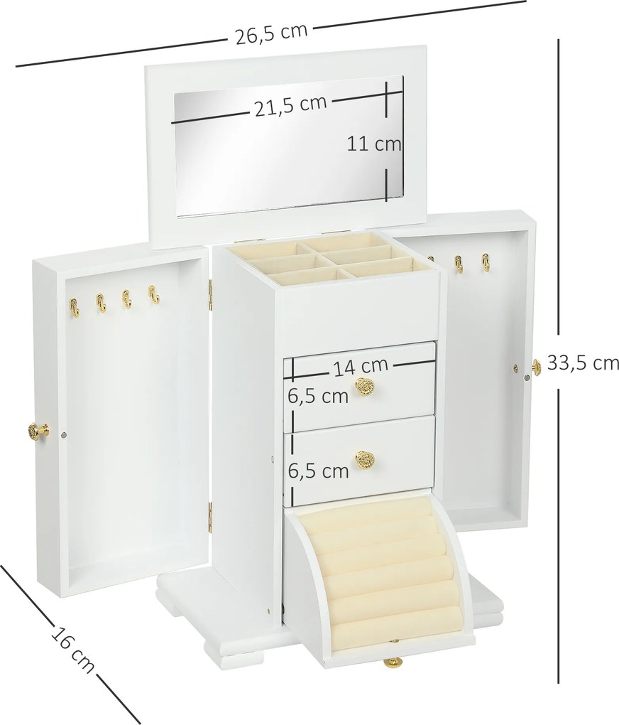 Caixa de joias para mulher 26,5 x 16 x 33,5 cm com 4 níveis, baú de joias em madeira com abas, espelho e 2 gavetas, branco