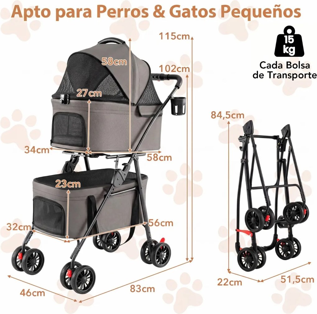 Carrinho duplo para animais de estimação 3 em 1, dobrável, com 2 caixas de transporte removíveis, assentos tipo cadeira de carro, 4 rodas, bloqueio de