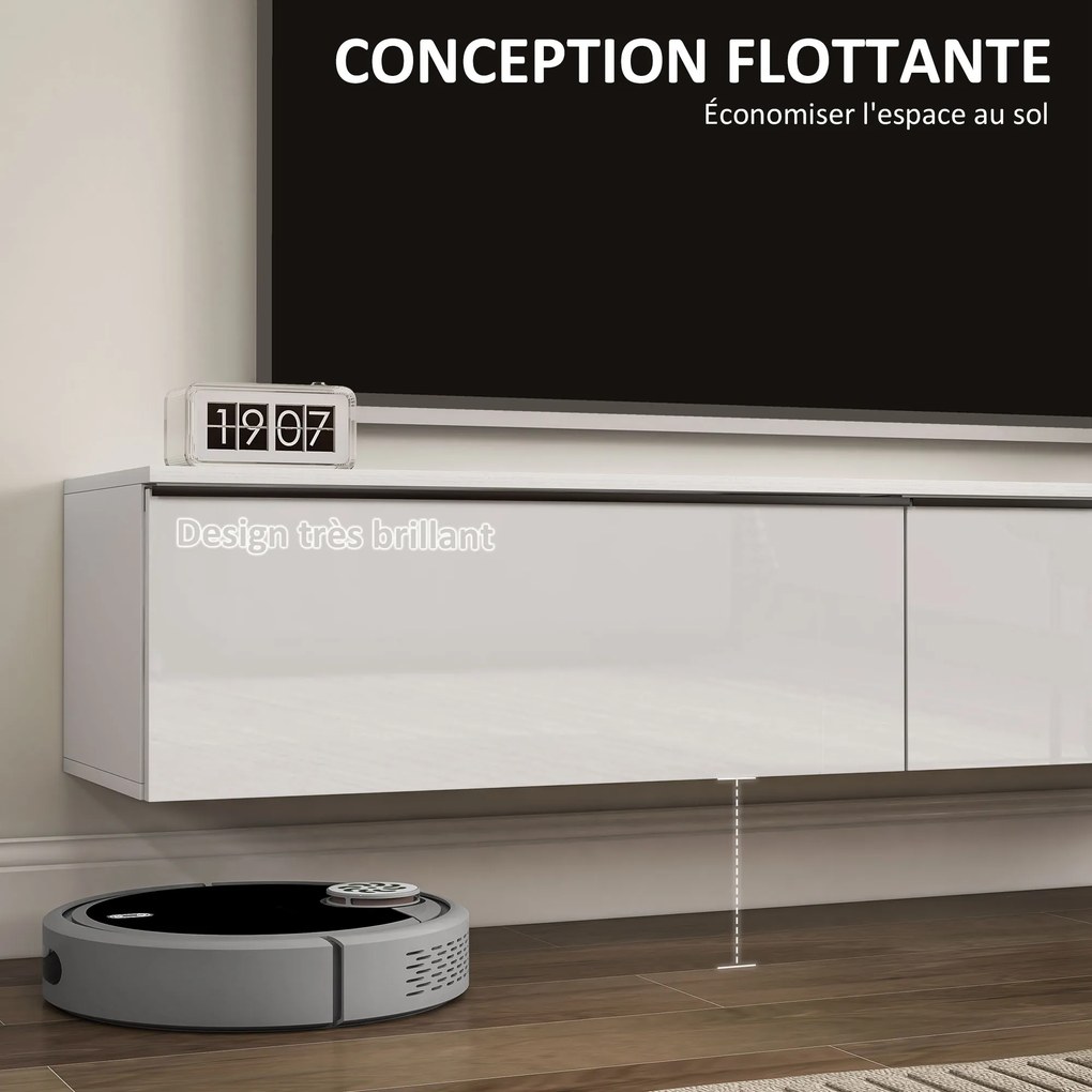 Móvel de TV suspenso com armário 160 x 35 x 30 cm, para televisores até 70 polegadas, acabamento brilhante, branco