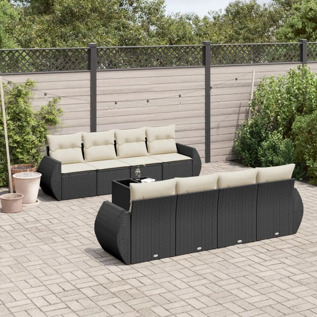 9 pcs conjunto de sofás p/ jardim c/ almofadões vime PE preto
