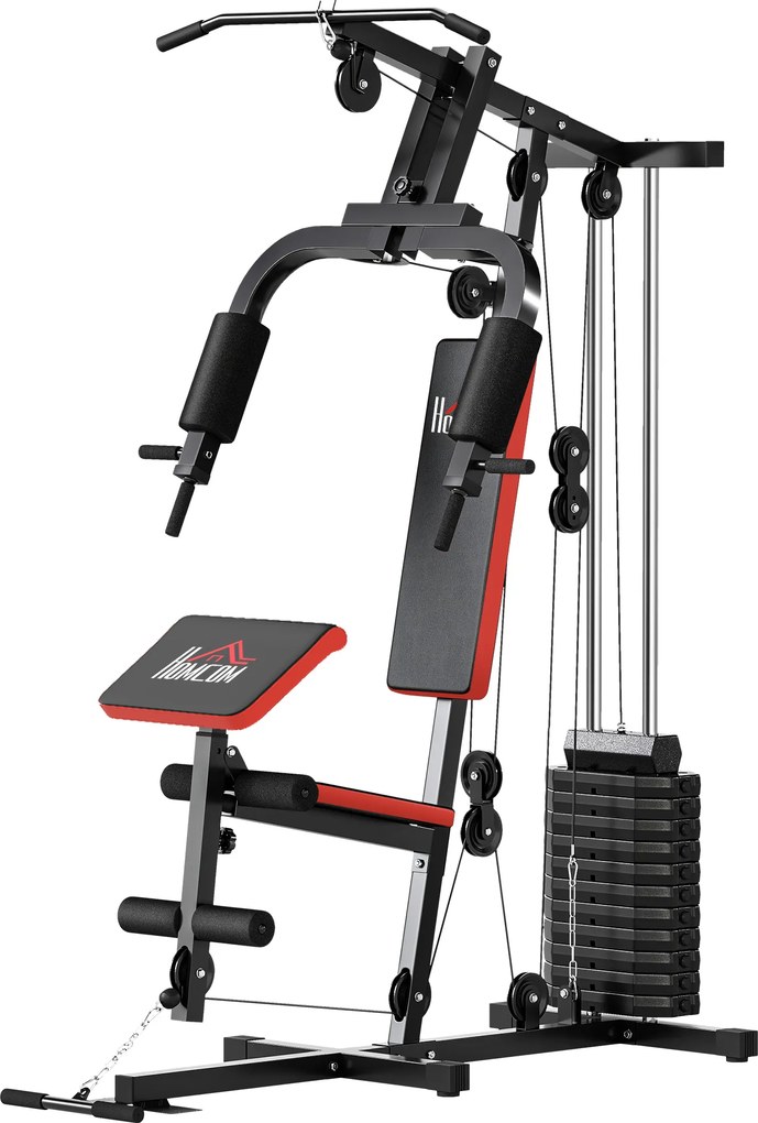 HOMCOM Máquina de Musculação com Pesos Ajustáveis de 65 kg, Prensa de Peito e Pernas, Roldana, 135x103x210 cm, Preto | Aosom Portugal