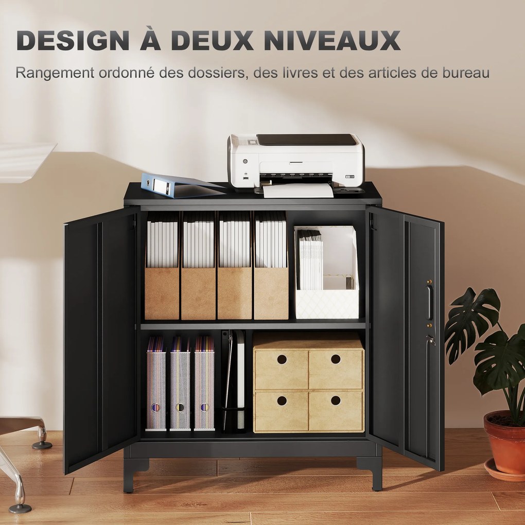 Armário de escritório de 2 níveis 80 x 35 x 91 cm, móvel de arrumação metálico para escritório com 2 portas com fechadura, preto