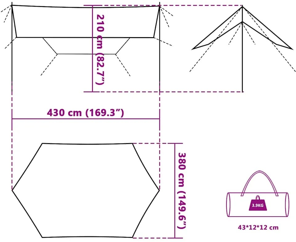 Lona de campismo 430x380x210 cm impermeável verde