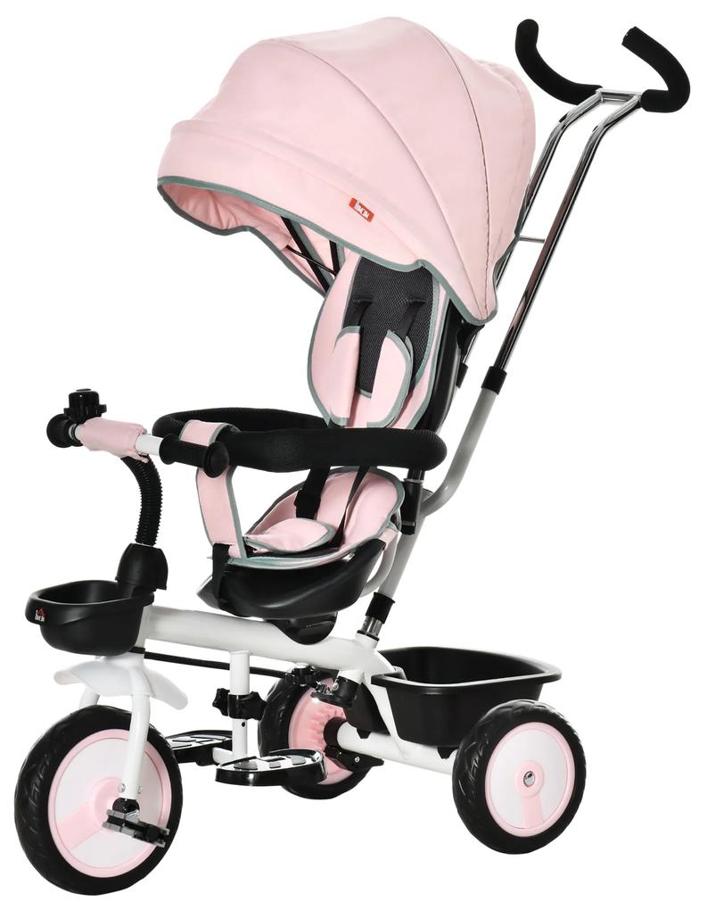 HOMCOM Triciclo para Bebé 2 em 1 Triciclo Evolutivo para Crianças de 1-5 Anos com Capô Dobrável Guiador Telescópico Grade de Proteção Removível e Apoio para os Pés 100x48x106cm Rosa