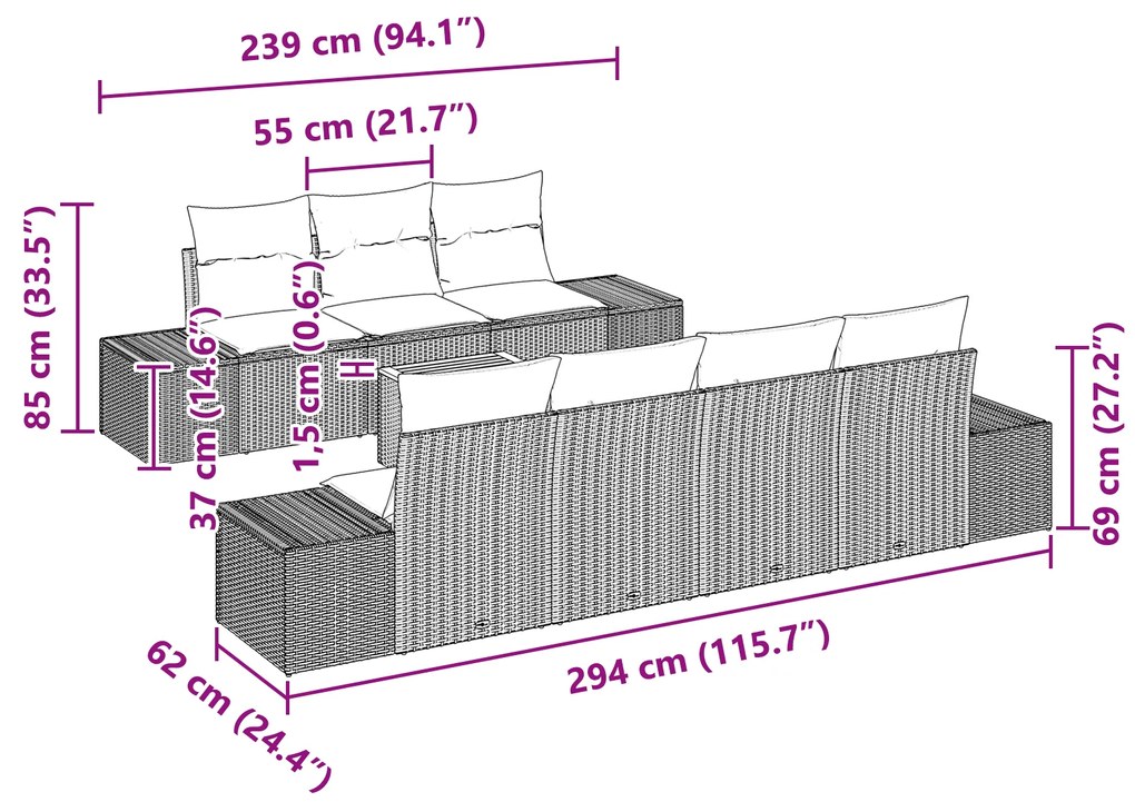 Conjunto de Sofá de Jardim de 8 Peças com Almofadas Cinza Rattan Acáci