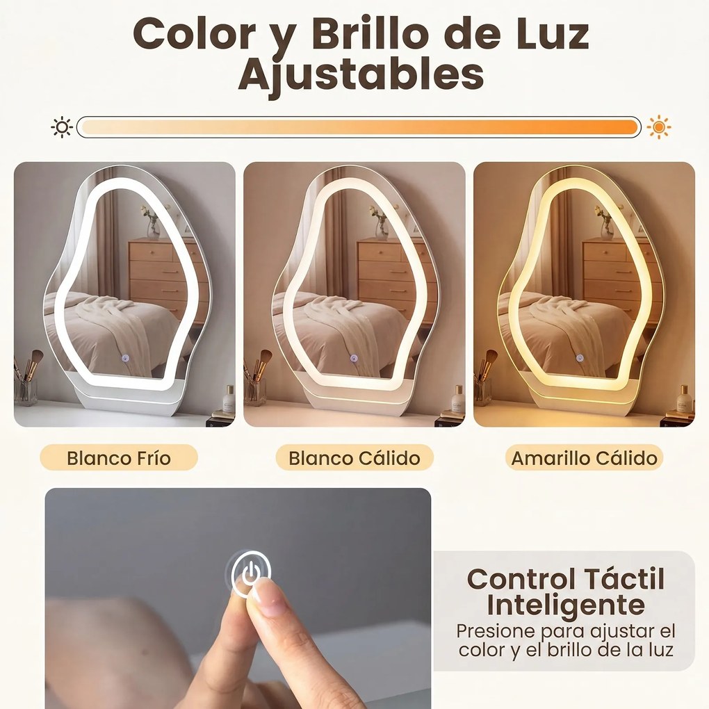 Toucador de Maquilhagem com Espelho, 106 x 40 x 134,5 cm, Iluminação Regulável, Branco