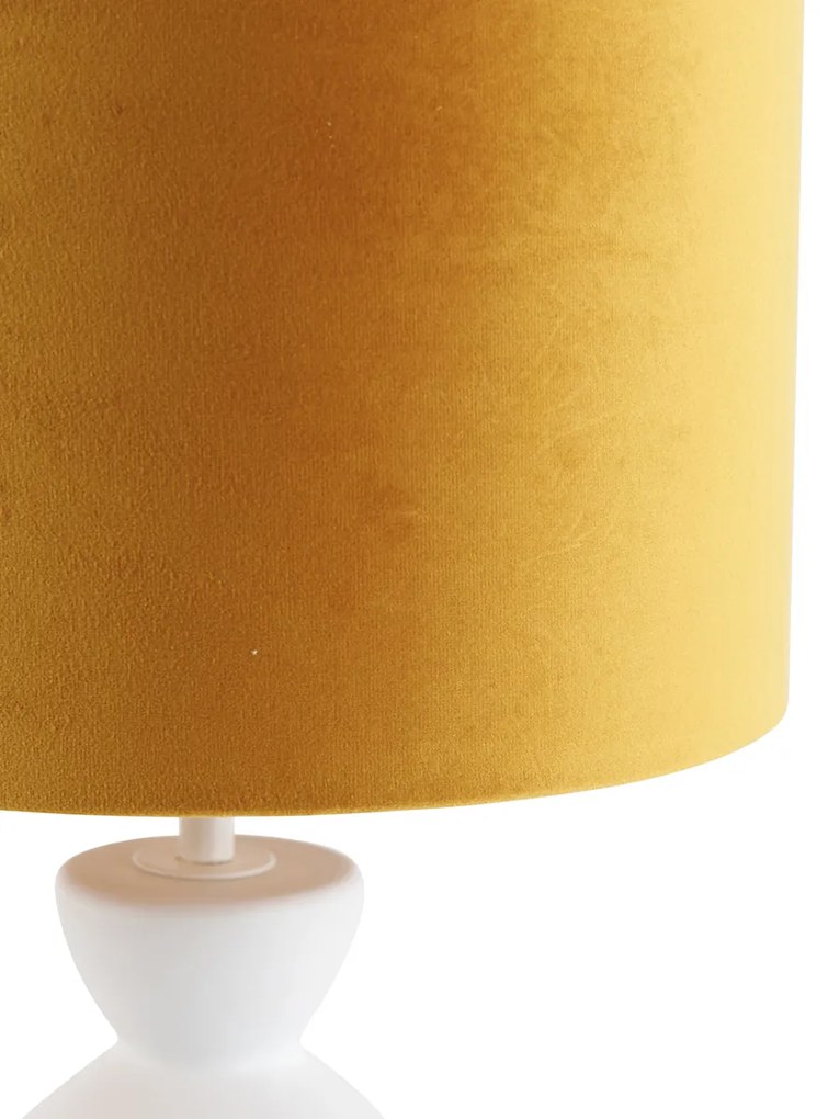 Candeeiro de mesa design branco com cúpula de veludo amarelo e dourado 25 cm - Alisia Design