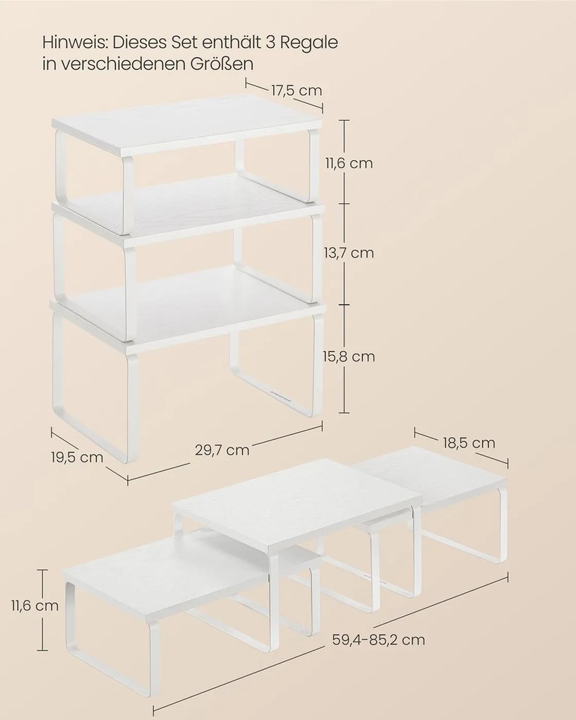 Conjunto de 3 prateleiras cozinha para especiarias empilháveis e expansíveis, branco