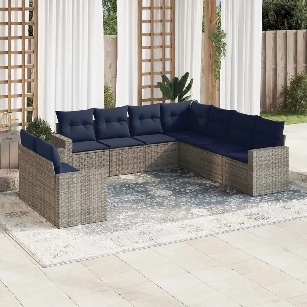 vidaXL 9 pcs conjunto sofás p/ jardim c/ almofadões vime PE cinzento