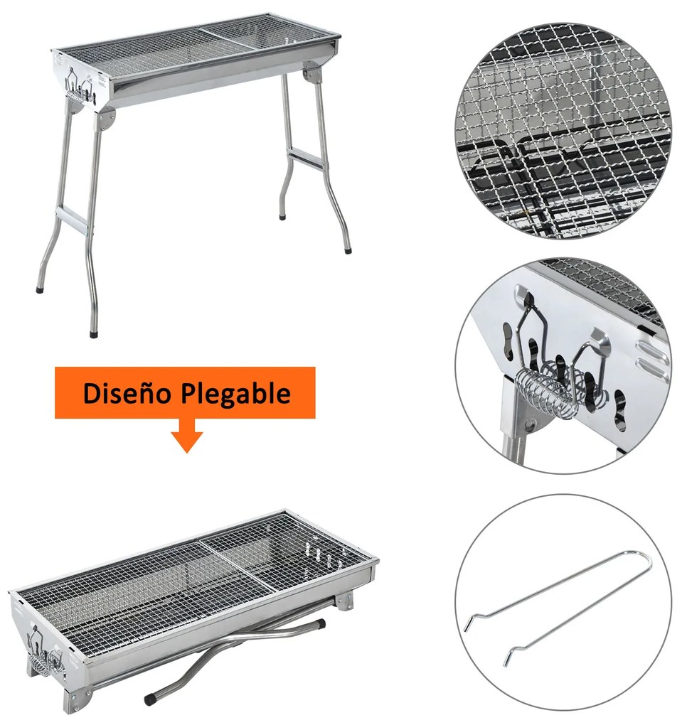 Outsunny Barbecue Portátil e Dobrável de Aço Inoxidável com Grelha Barbecue a Carvão com Ventilação para Jardim Picnic Camping 73x33x71 cm Prata