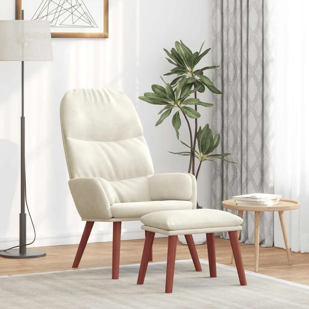 vidaXL Cadeira de descanso com banco p/ pés veludo branco nata