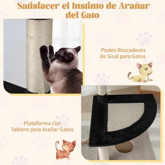 Arranhador para gatos 49 x 49 x 122,5 cm com vários níveis para gatos com postes para arranhar em sisal e plataforma arqueada bege