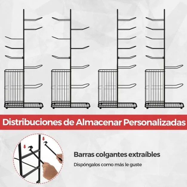 Estante de armazenamento de bolas de 7 níveis Estante de basquetebol com 7 barras de suspensão amovíveis e cesto lateral para bolas