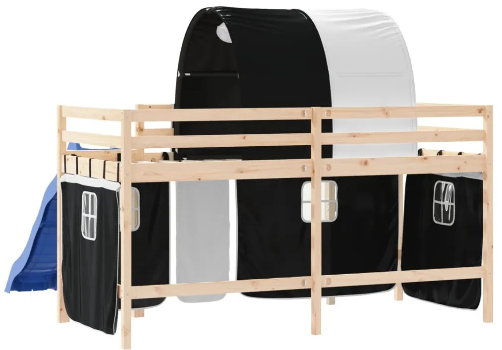 Cama alta criança c/ túnel 80x200 cm pinho maciço branco/preto