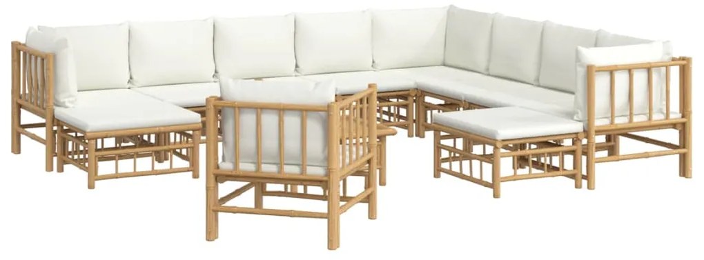 12pcs conjunto lounge de jardim bambu c/ almofadões branco nata