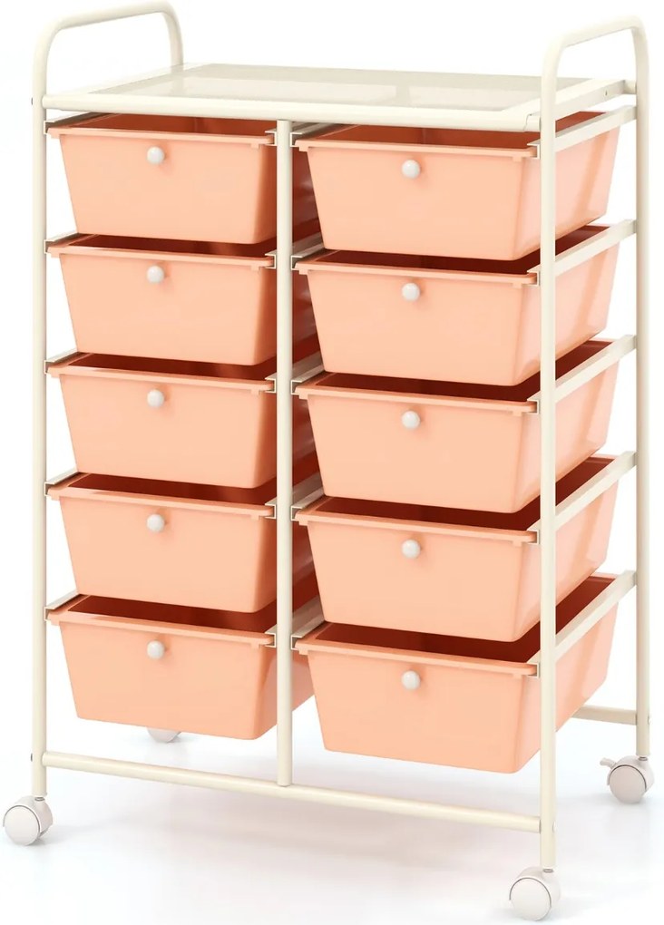 Carrinho móvel multiusos com 10 gavetas 65,5 x 37 x 87 cm com rodas Rosa claro