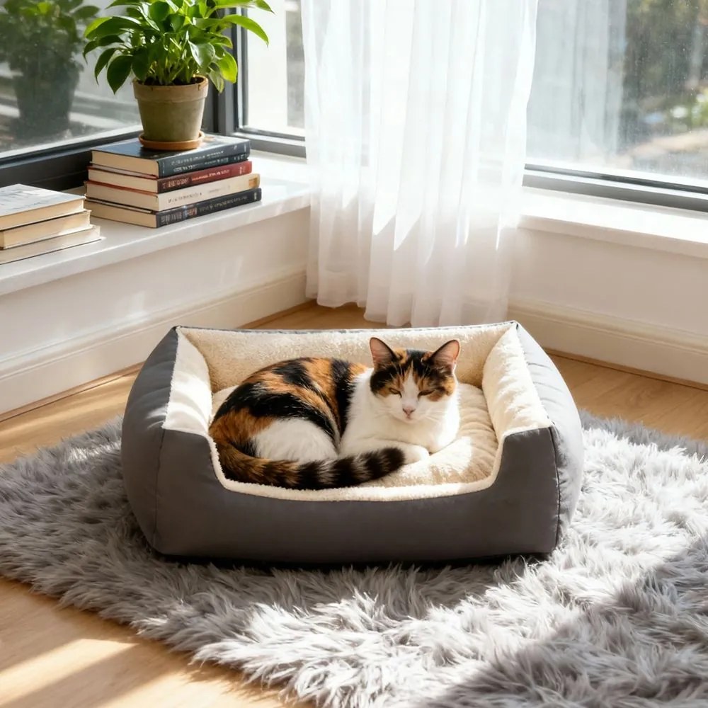Cama para cães ou gatos 85 x 65 x 21 cm, com almofada reversível removível cinza-bege