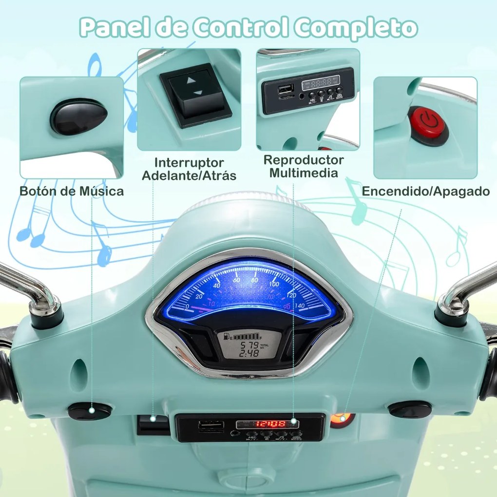 Mota elétrica para crianças de 12 V com 4 rodas, música, luzes LED, rodas de treino, motor duplo de 30 W e design retro-chique para crianças dos 3 aos