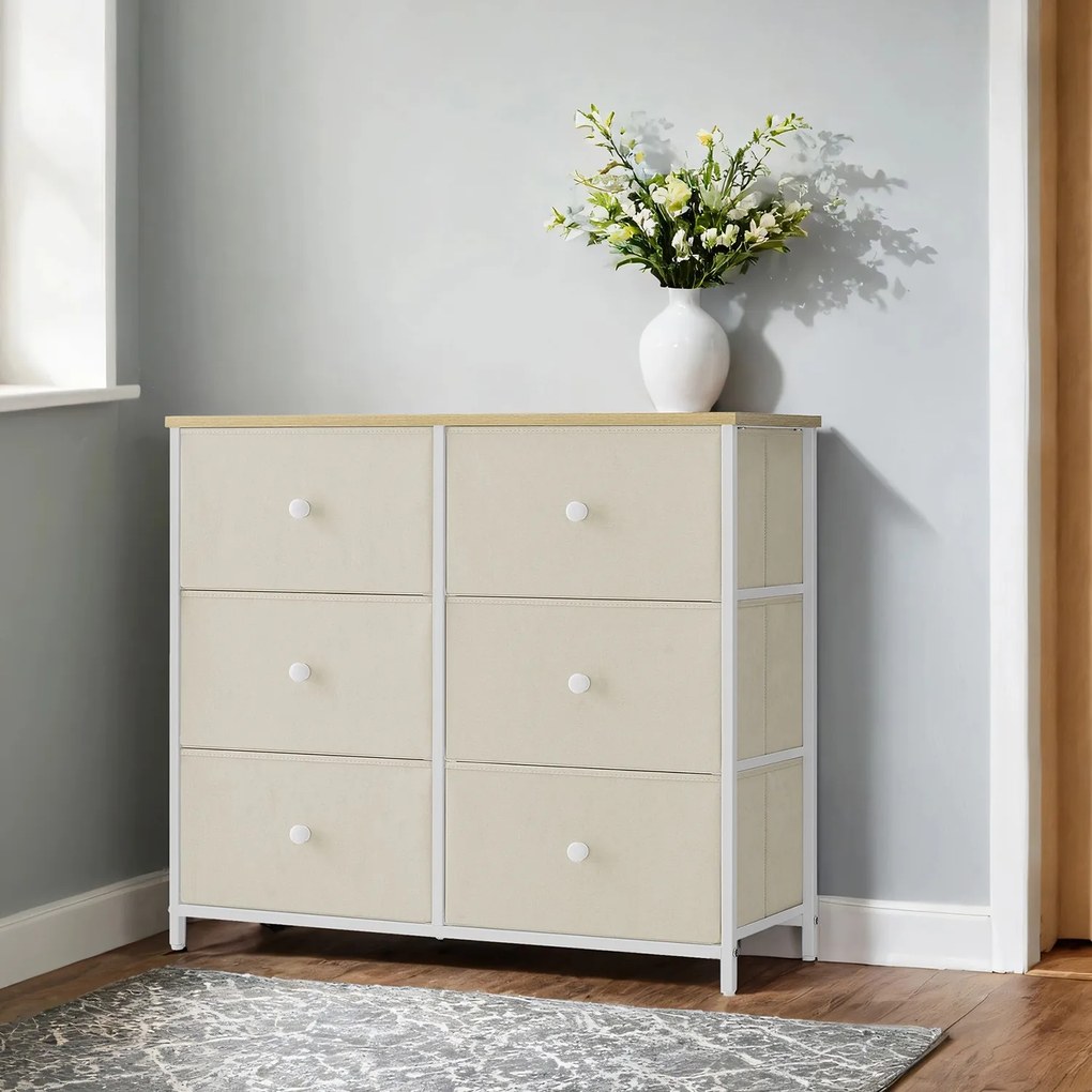Cómoda com 6 gavetas em tecido 30 x 56 x 93 cm amarelo + branco creme