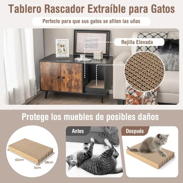 Armário para Caixa de areia multifuncional para gatos com portas abertas e poste 90 x 50 x 54 cm preto e natural