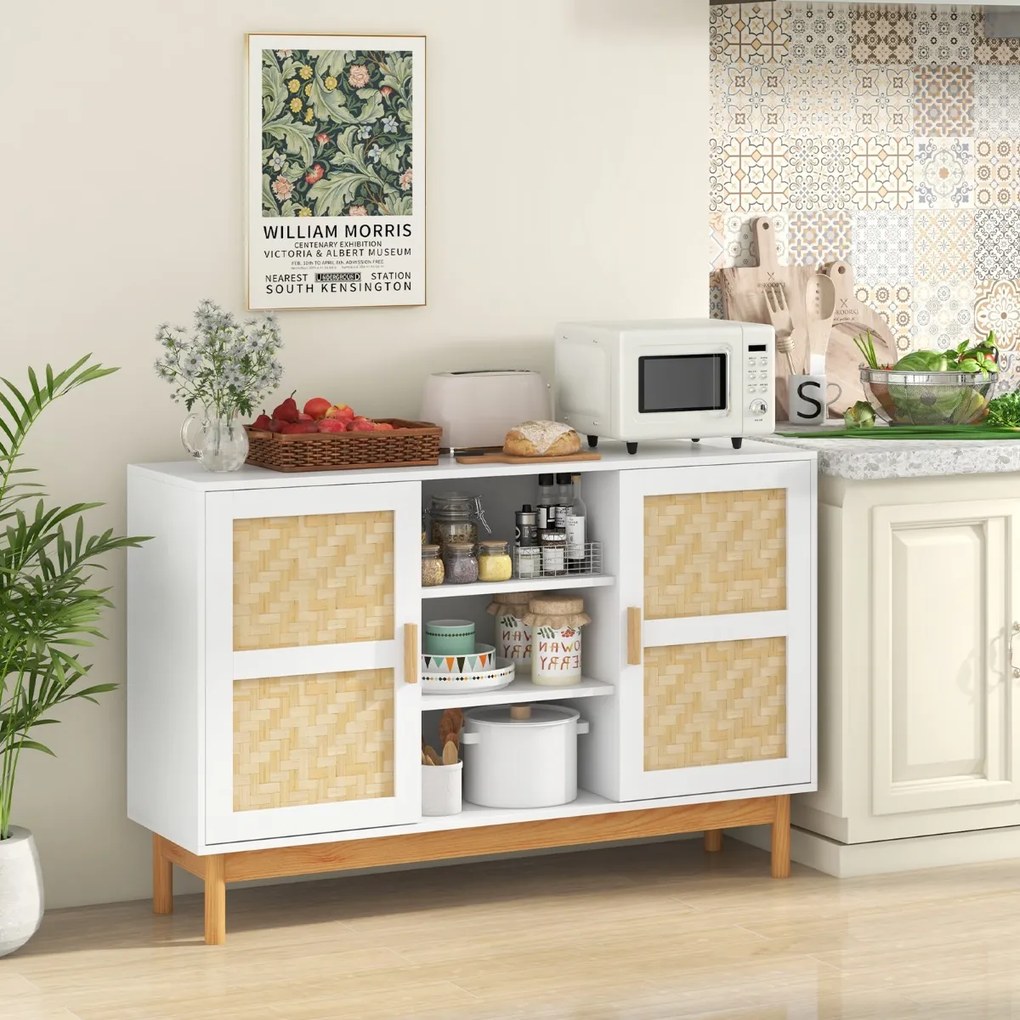 Aparador buffet 120 cm Armário de arrumação com 2 portas em tecido de bambu 3 Estantes abertas para cozinha Sala de jantar Branco