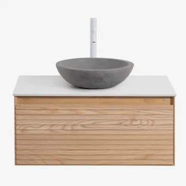 Conjunto De Móvel De Casa De Banho Suspenso 80x50 Cm Em Madeira De Freixo Tedrik Castanho Fresno & Cimento Cinzento Redondo Ø40 Cm Tarsis - Sklum