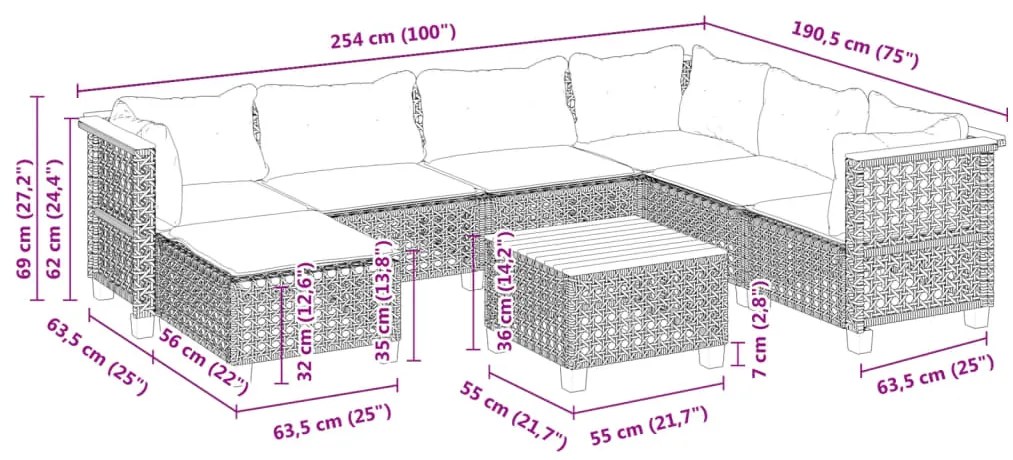 8 pcs conjunto sofás de jardim com almofadões vime PE preto
