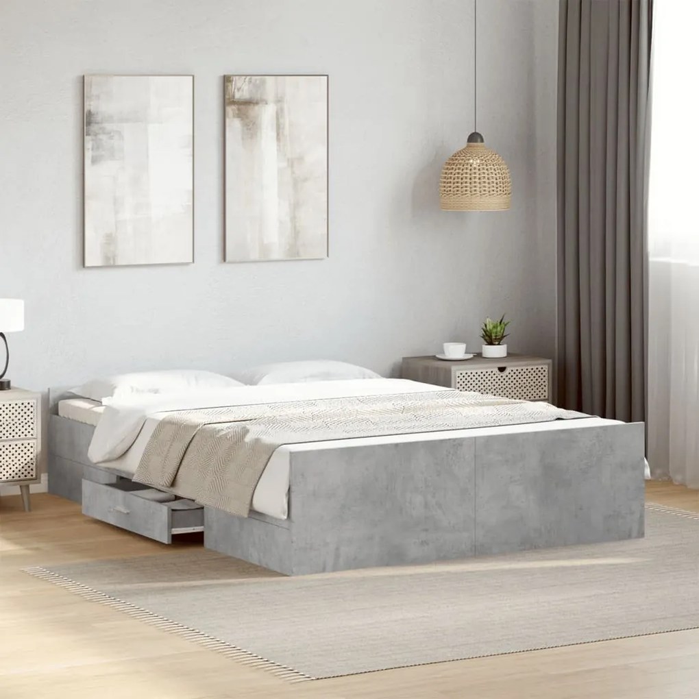 vidaXL Estrutura de cama c/ gavetas derivados de madeira cinza-cimento