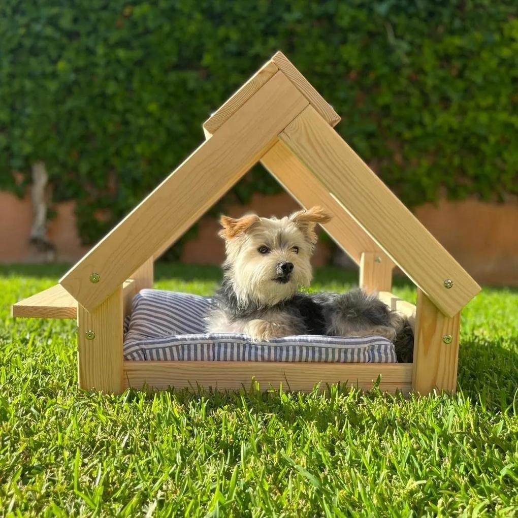 Casa do cão cor natural - Cama de madeira natural FSC para cães e gatos pequenos e médios - Casa do animal de companhia - 2 suportes para tigelas. 76x