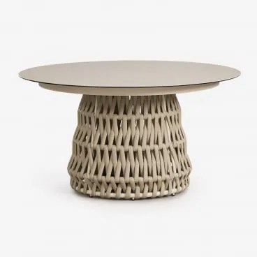 Mesa De Jantar Redonda Ø140 Cm Em Cerâmica E Corda Trançada Tevary Tapioca Bege - Sklum