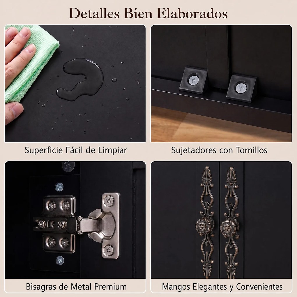 Aparador de 4 Portas, 148 x 39,5 x 80,5 cm, Prateleiras Reguláveis, Preto