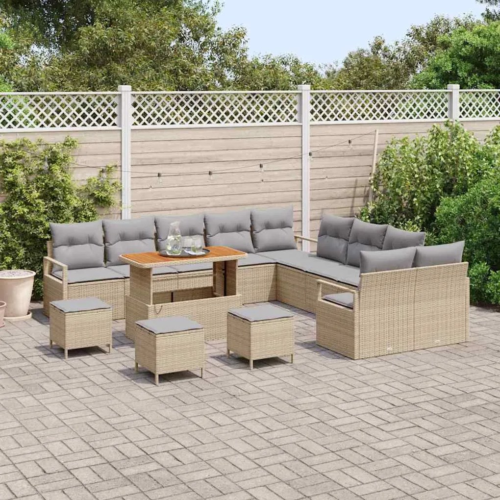 Conjunto de Sofá de Jardim vidaXL de 14 Peças com Almofadas Bege Ratta