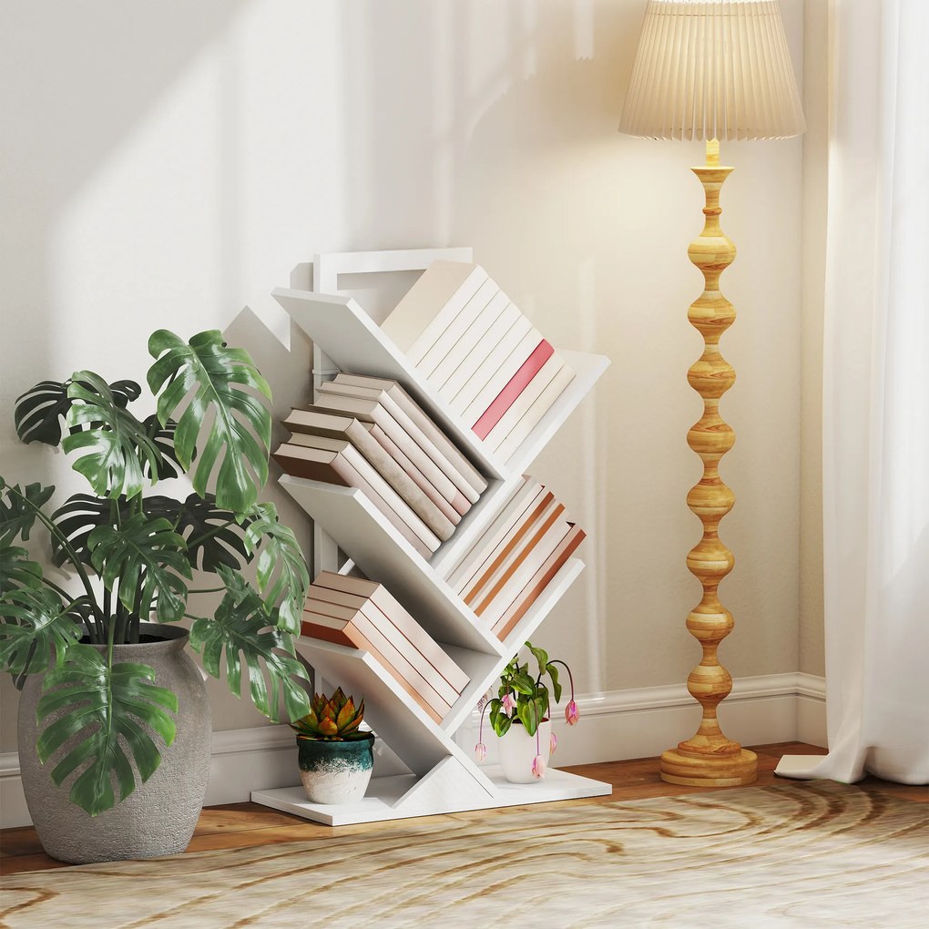 Estante em Forma de Árvore de 5 Níveis Estante de Livros com 5 Prateleiras e Estrutura de Aço 50x24x82 cm Branco