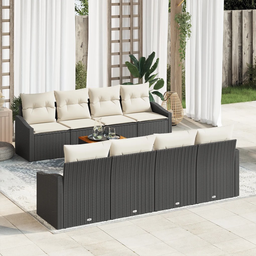 Conjunto de Sofá de Jardim de 7 Peças com Almofadas Preto Vime PE Acác