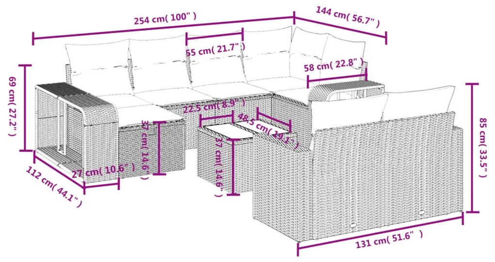 11 pcs conjunto sofás de jardim c/ almofadões vime PE bege