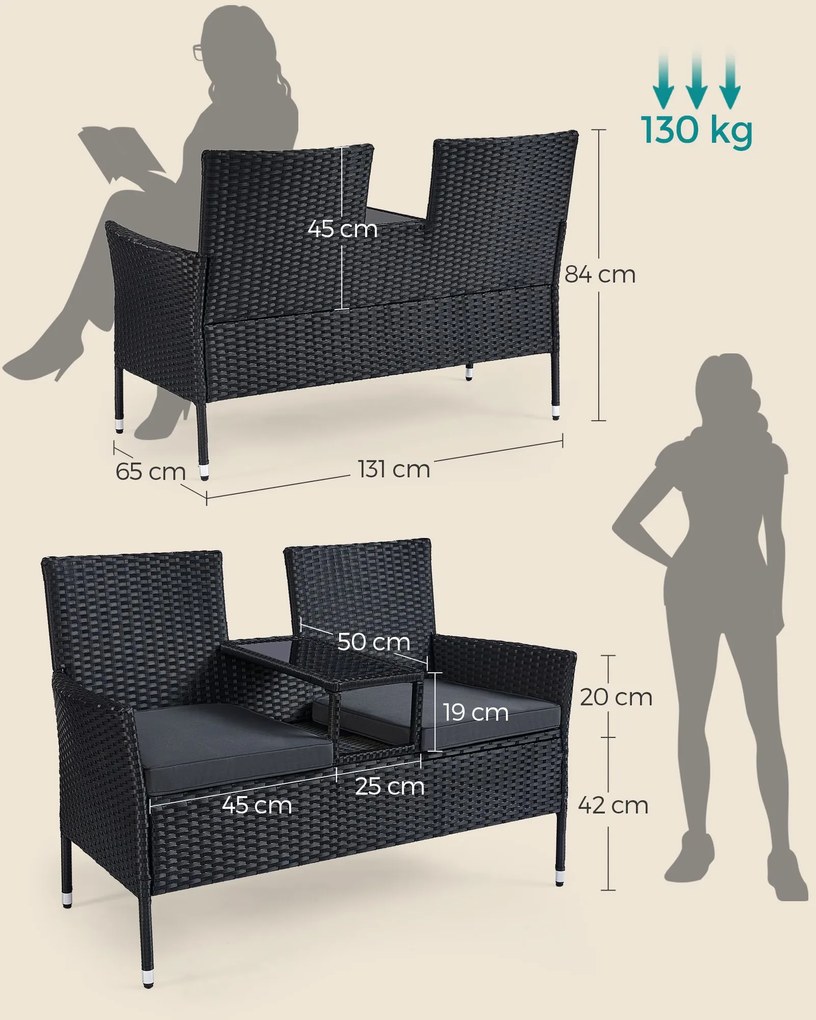 Sofá de jardim, varanda com mesa em poliratãn PE 65 x 131 x 84 cm preto-cinzento escuro